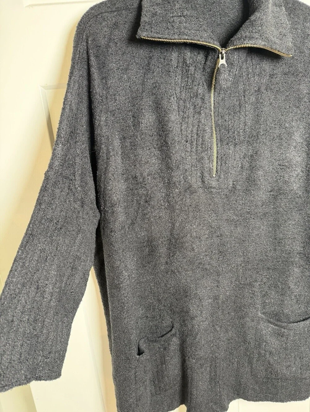 Barefoot Dreams CozyChic Lite Tunic Pullover L/XL Gray Half Zip Side Slits
